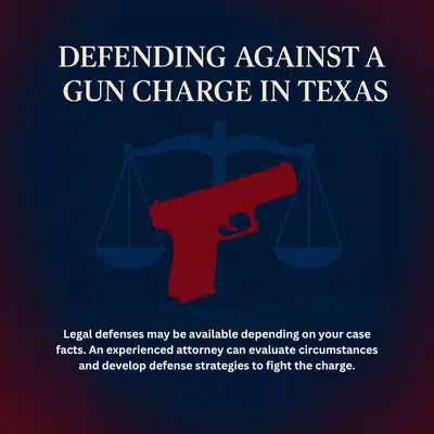 Informational graphic on defending a gun charge in Texas with legal strategies and advice
