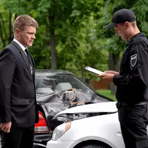Officer documenting accident while driver prepares for possible word vs word insurance claim dispute