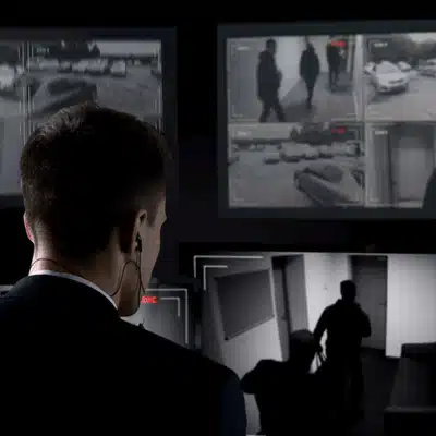 A security guard observes multiple CCTV screens showing different areas for incident review