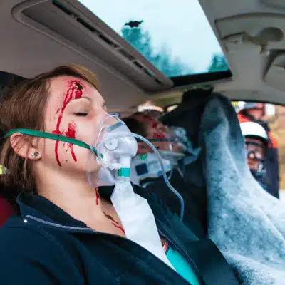 Injured woman with facial wounds receives oxygen mask treatment while seated inside a damaged vehicle