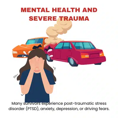Illustration of woman covering face with cars crashing behind, representing PTSD after severe car accidents