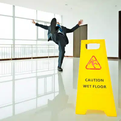 A man loses balance near a caution sign on a wet, glossy office floor