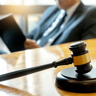 Close-up of courtroom gavel with attorney reviewing documents in background, illustrating justice process and proceedings