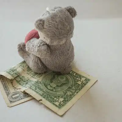 Small stuffed bear sits on worn dollar bill, symbolizing child expenses and financial support issues